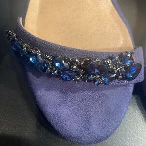 IFIFU Size 9 Elegant Navy Suede Beaded Women's 3” Block Heel Sandals Ankle Strap